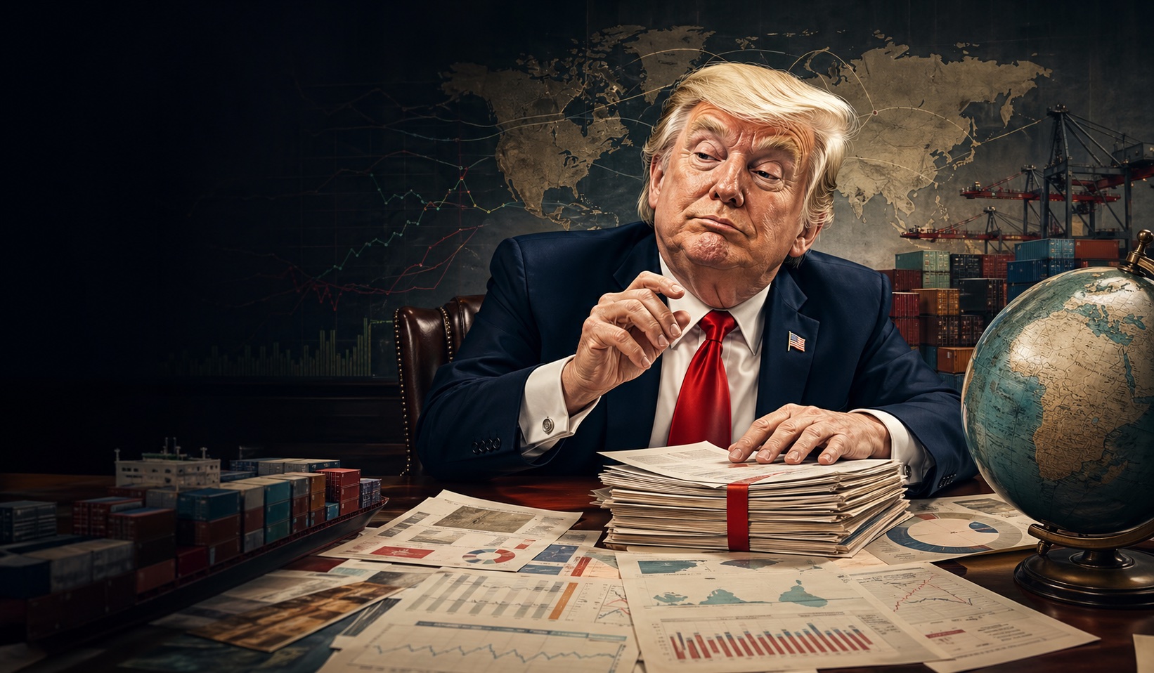 Редакционный шарж Дональда Трампа за столом с тарифными документами, глобусом и торговыми контейнерами